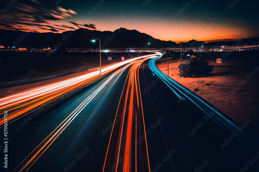 Obraz premium A long exposure photo of a highway at night. Generative AI.