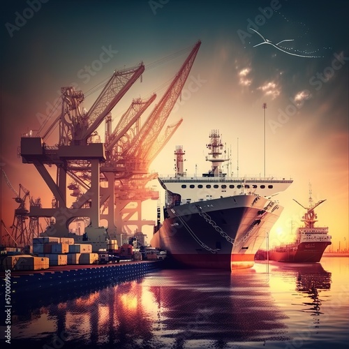Ship port for business Logistics and transportation of Container Cargo ship and Cargo plane with working crane bridge in shipyard at sunrise, generative ai