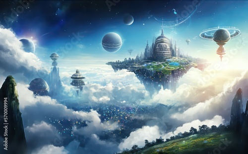 Fantasy sky city, Fantasy sky castle, Fantasy sky town, Beautiful fantasy sky view, Beautiful gorgeous sky with sunset light, Digital art style, Illustration painting, Generative AI.