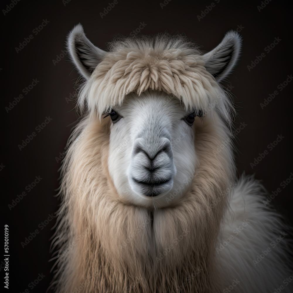 A plush long-haired lama with entirely rich white fur, portrait of alpaca, Generative AI A plush long-haired lama with entirely rich white fur, portrait of alpaca, Generative AI