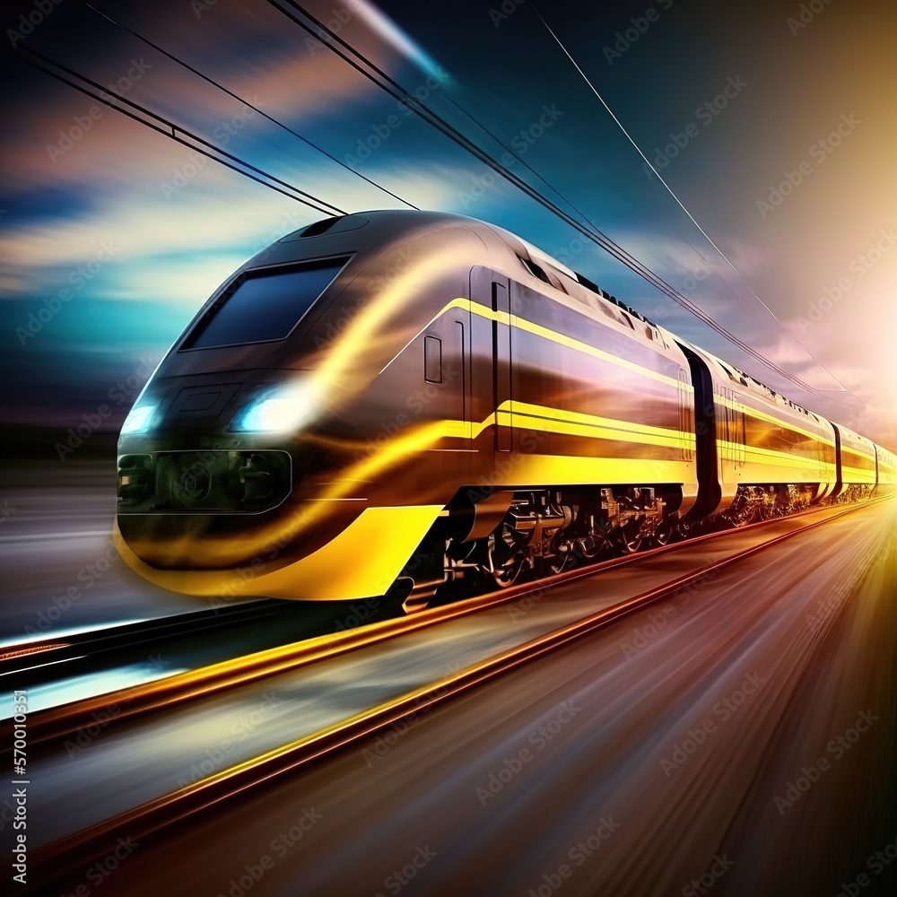 Naklejka premium trains zooming by at high speeds illuminate the intercity rail. futuristic digital technology and train logistics, generative ai