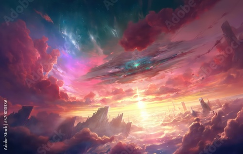 Beautiful sky cloud and sunset view with digital art style, Sunset with beautiful glowing flare light, Colourful cloudy, Fantasy sky, Digital art style, Illustration painting, Generative AI.  © SaraY Studio 
