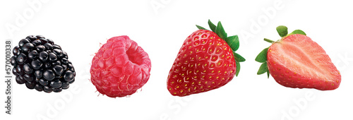 amora, framboesa, morango inteiro e morango cortado - frutas vermelhas em fundo transparente
