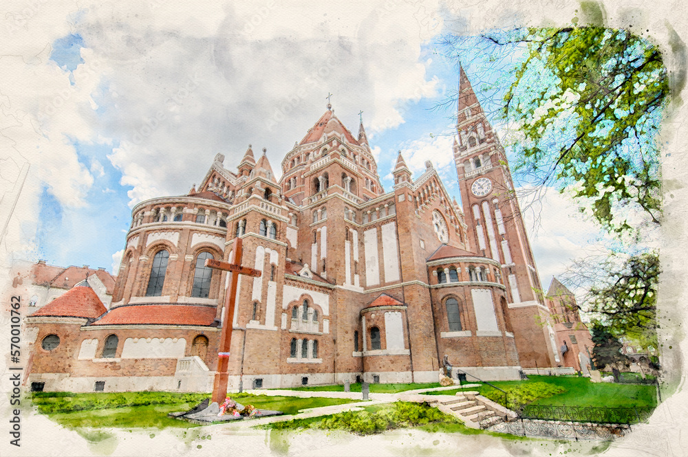 The Votive Church and Cathedral of Our Lady of Hungary in Szeged, Hungary in watercolor illustration style.	