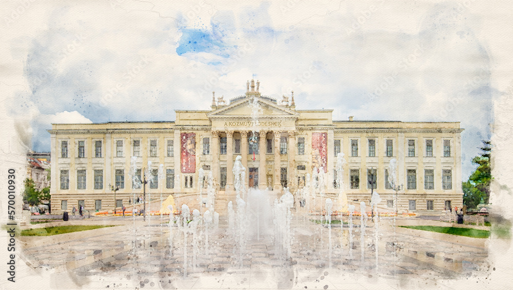 Naklejka premium Mora Ferenc Natural History and Ethnology Exhibits Museum in Szeged, Hungary in watercolor illustration style. 