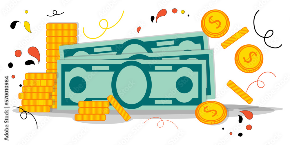 Money, bills and coins.  Budget.  Vector illustration in flat style. Business concept