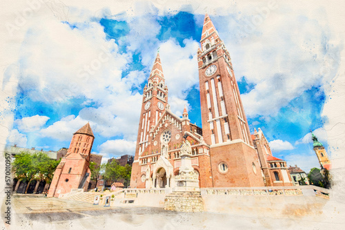 The Votive Church and Cathedral of Our Lady of Hungary in Szeged, Hungary in watercolor illustration style.	 photo