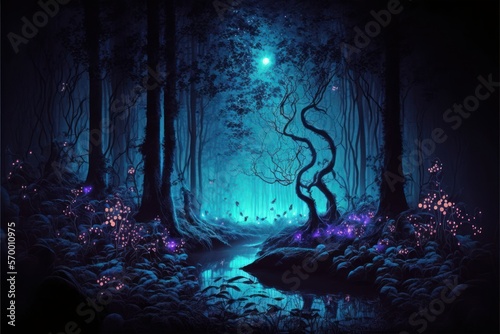 Fantasy and fairytale magical forest with purple and cyan light lighting pathway. Digital painting landscape  generative by AI