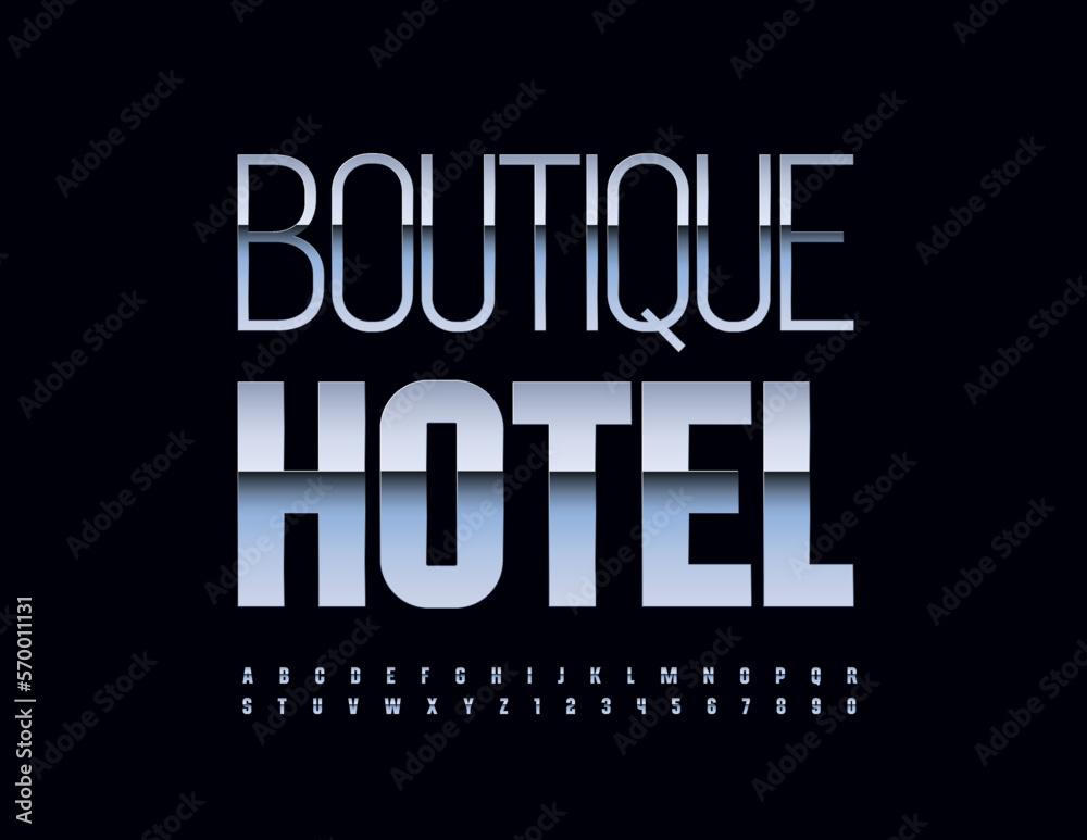 Vector chic emblem Boutique Hotel with Silver Font. Stylish set of chrome Alphabet Letters and Numbers