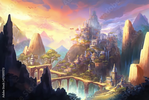 Fantasy castle in adventure theme, Anime art style, Fantasy palace in fairytale, Castle in dreamy imagination world, Digital art style, Illustration painting, Anime art, Generative AI.