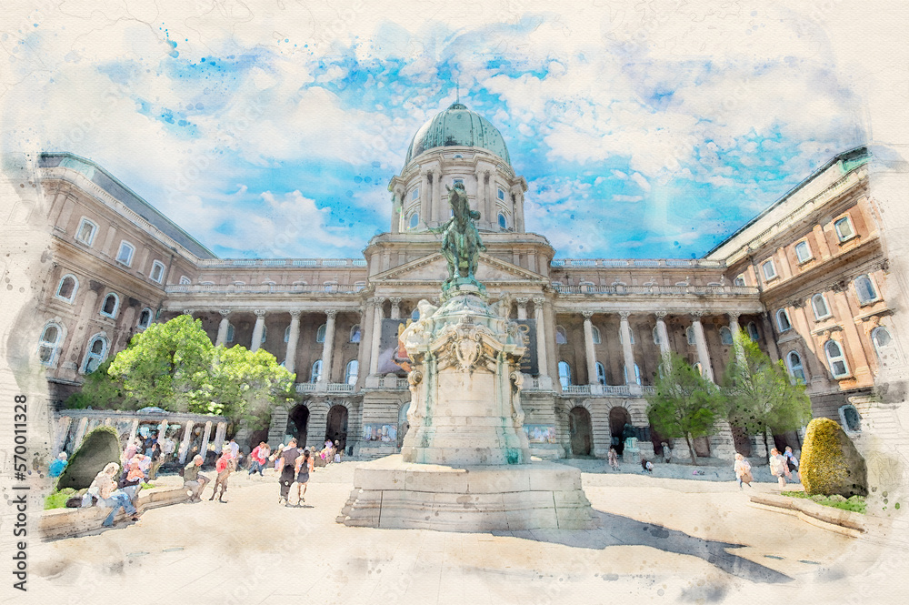 Fototapeta premium Buda Castle in Budapest, Hungary in watercolor illustration style. 