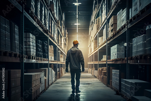 Warehouse worker supervisor wearing hardhat and reflective jacket walking in aisle between tall racks with packed goods, back view in Fulfillment Center. Generative Ai.