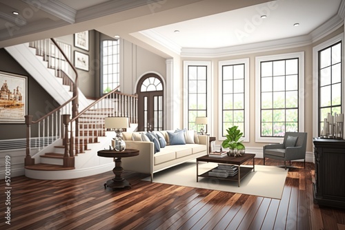 Beautiful living room with hardwood floors in new luxury home. Generative AI