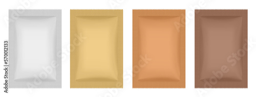 Set of foil sachets or pouches. Vector bags mockup, wet wipes paper or foil packs. Cosmetics samples. Moisturizing sheet face mask. White, gold and brown packaging mockups