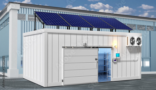 Refrigeration chamber for food storage. An industrial freezer that receives energy from solar panels. Photovoltaic panels in production. 3d image