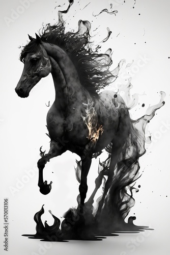 Gouache Painting of a smoke and fire black horse. white background. ink drops and brush strokes