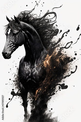 Tempera Painting of a exploding black horse in ink drops and brush strokes.