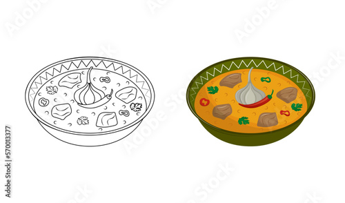 Aromatic Asian pilaf with lamb, rice and spices. 
Kids coloring book for elementary school. Traditional Asian cuisine. Vector illustration. Cartoon. photo