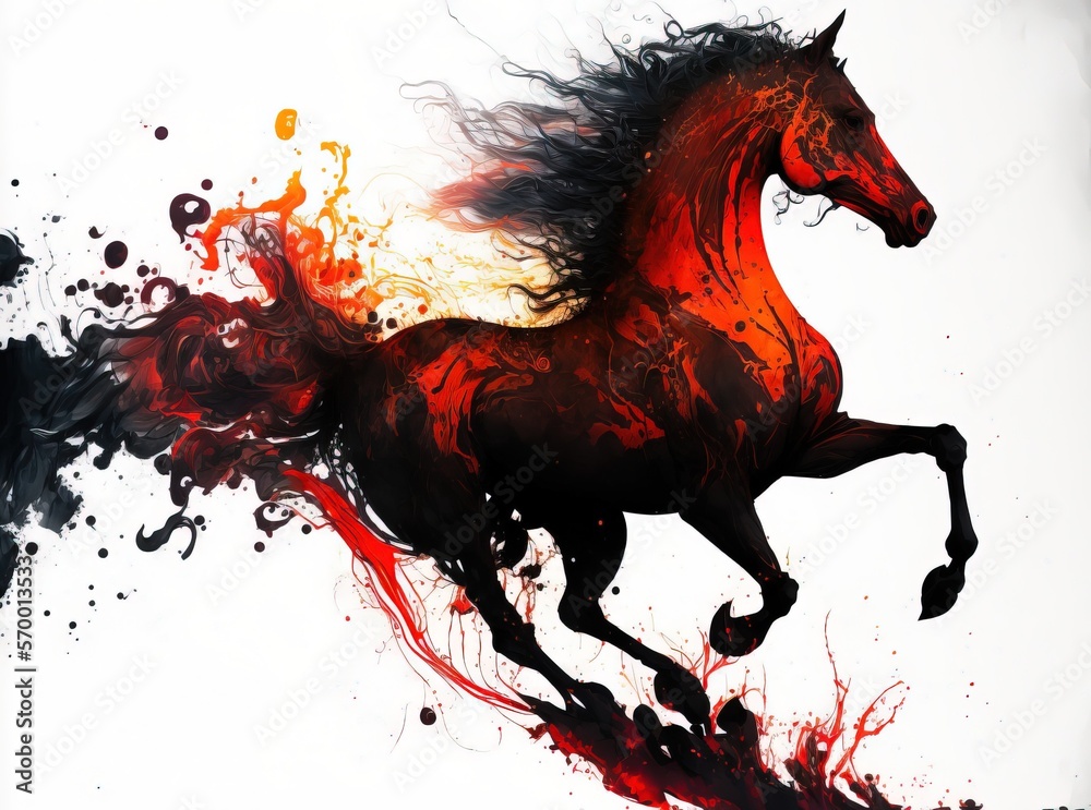 watercolor painting of a flaming horse. fire horse illustration. ink drops and brush strokes