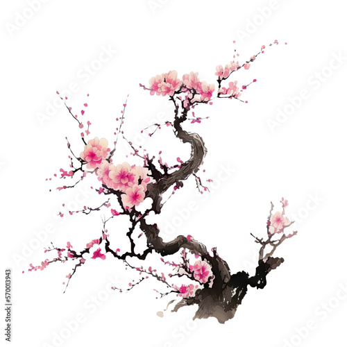Fotografija Traditional ink painting style sakura tree branches, Beautiful pink cherry blossom, spring flowers, generated ai
