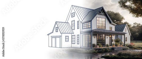 Valokuva 3D Render Modern Farmhouse Architecture House Design on Isolated background, Fam