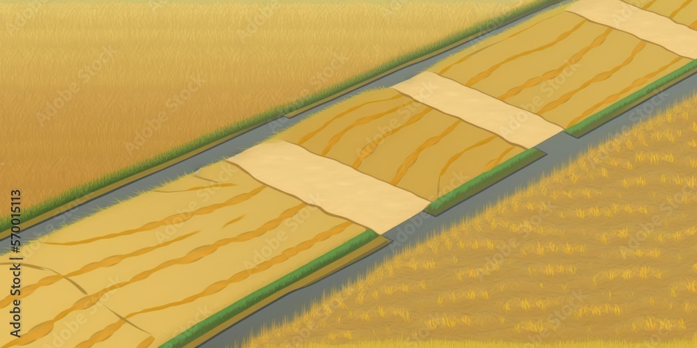 Aerial view of the wheat fields. Wheat fields from a height. Top down view of the wheat fields. Generative AI