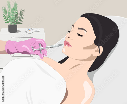 Cosmetologist does lip augmentation procedure of a beautiful woman. Cosmetology concept. vector image