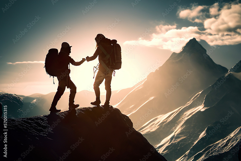 silhouette of mountaineer holding her friend's hand. Generative AI