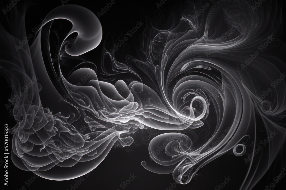 Beautiful abstract abstraction on a black background with white smoke that glows in the dark and steam rushing to form free shapes is utilized as a background. Generative AI Beautiful abstract abstraction on a black background with white smoke that glows in the dark and steam rushing to form free shapes is utilized as a background. Generative AI
