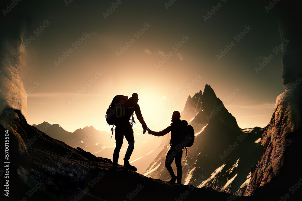 silhouette of mountaineer holding her friend's hand. Generative AI