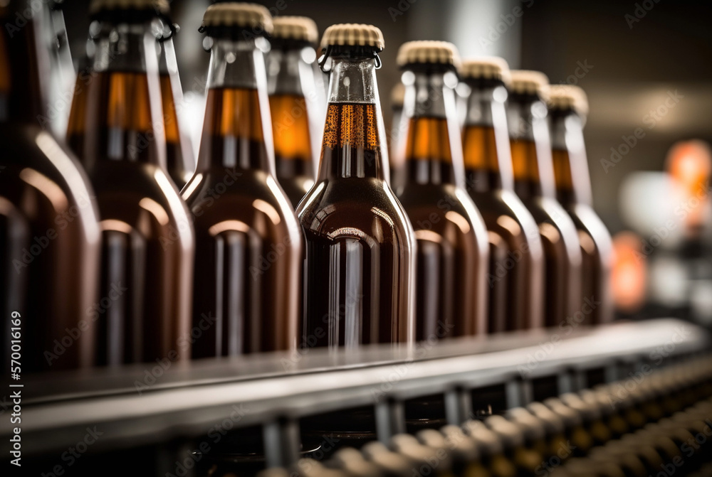 filled beer bottles, production and manufacturing on conveyor belt in bottling line. Generative AI