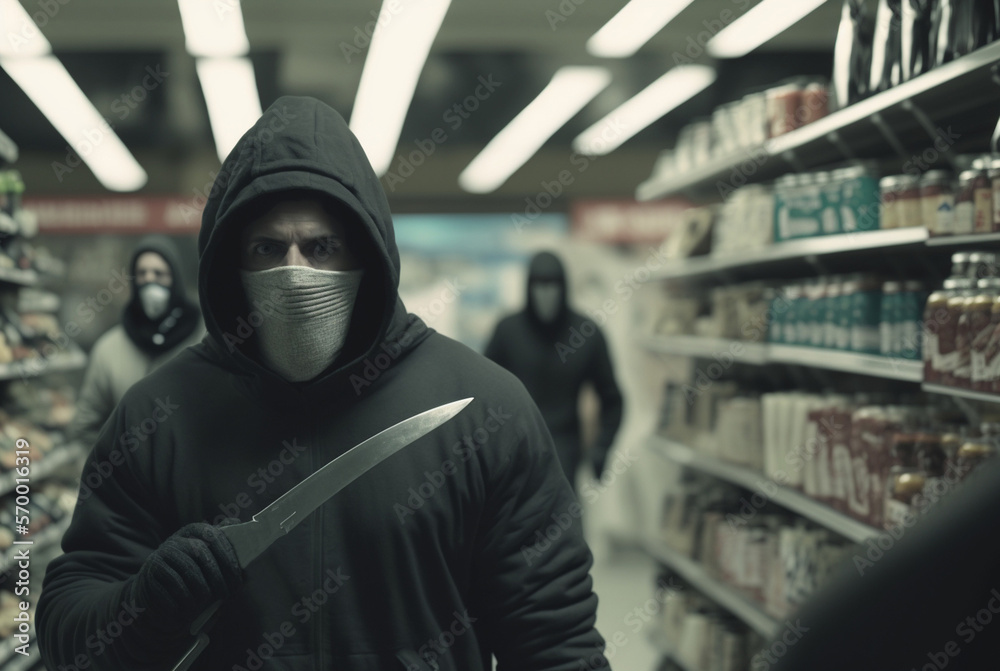 armed robbery or shoplifting with a knife, fictitious person and supermarket. Generative AI armed robbery or shoplifting with a knife, fictitious person and supermarket. Generative AI
