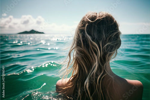 Rear view of a pretty young woman swimming in the sea