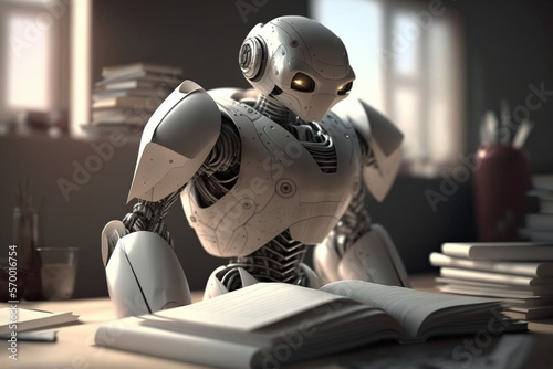 a white robot with artificial intelligence reading books on a table,generated by IA