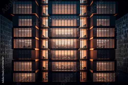 Lot of glowing skyscraper windows at night, lights are on office, business working. Generation AI