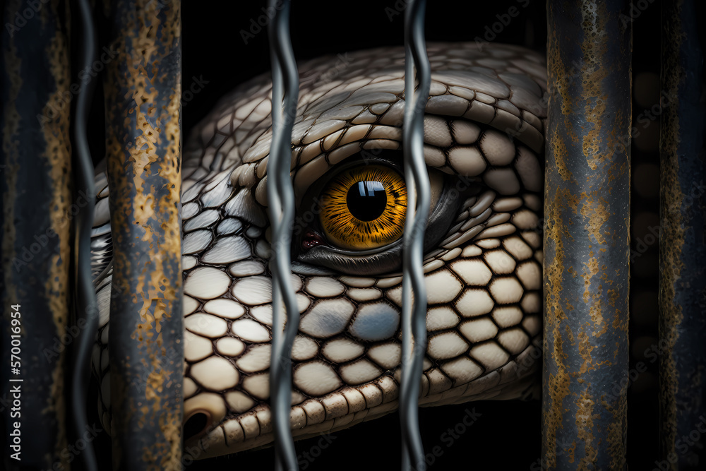 Portrait of cobra snake behind bars in lattice cage. Concept Unlawful