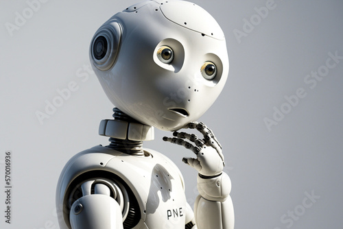 a white AI robot with a dubious expression against a white background, generated by IA