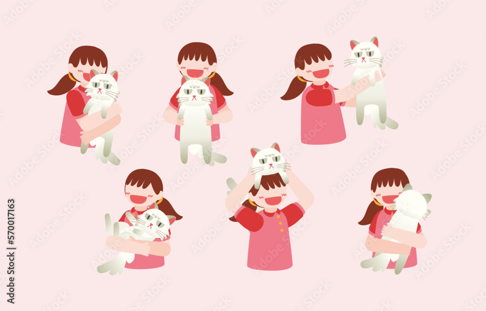 Bundle of lovely girl and cute cat cartoon vector Bundle of lovely girl and cute cat cartoon vector