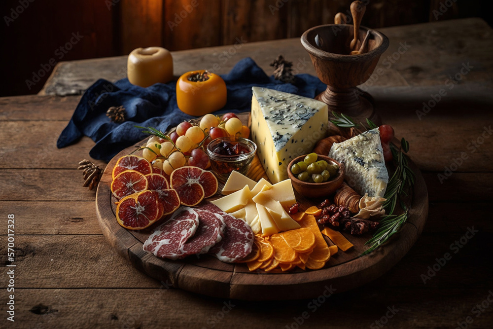 Realistic plate with meats and cheese selection concept, idea. Delicious and beautiful food appetizers. Ai generated.