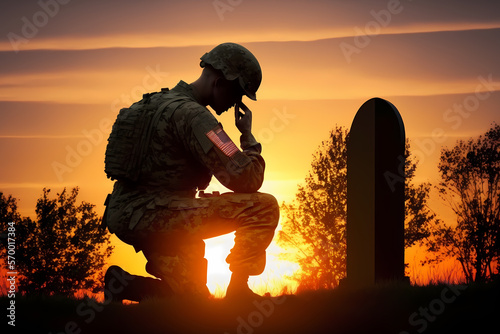 Military man kneeling of grave fallen soldier, sunset. Concept veteran of war. Generation AI photo