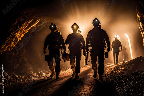 Silhouette of miners with headlamps entering underground coal mine, Industry worker. Generation AI