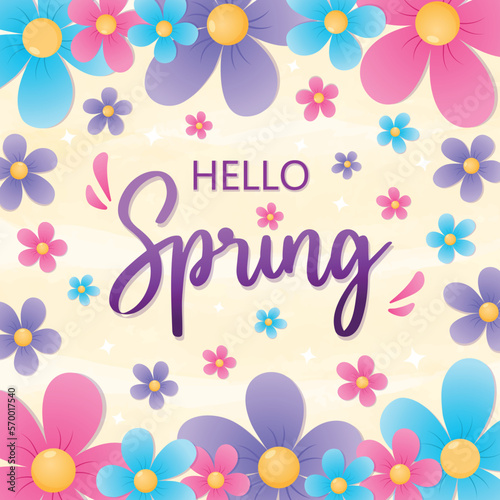 hello spring with colourful flowers 