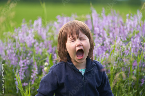 A child is cranky on a walk in a blooming meadow.