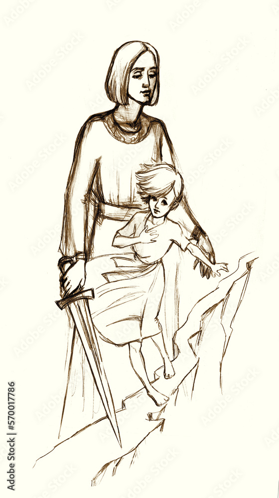 Pencil drawing. An angel guards a child walking on a narrow path