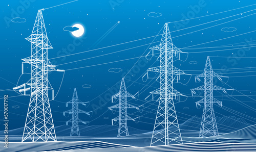 High voltage transmission systems. Electric pole. Energy pylons. Power lines. A network of interconnected electrical. White otlines on blue background. Vector design illustration