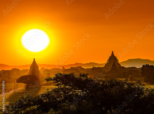 Bagan ruins at sunset in Myanmar, Asia