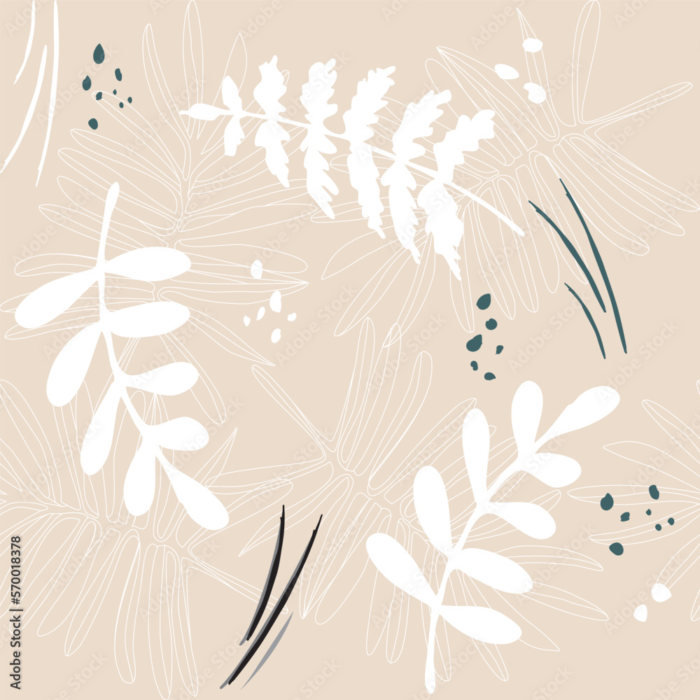 Fototapeta premium Botanical background of abstract palm leaves. Hand drawn seamless pattern summer tropical Sketchy drawing of white outlines and pastel colors. Printing on wallpaper, cover, textile, paper