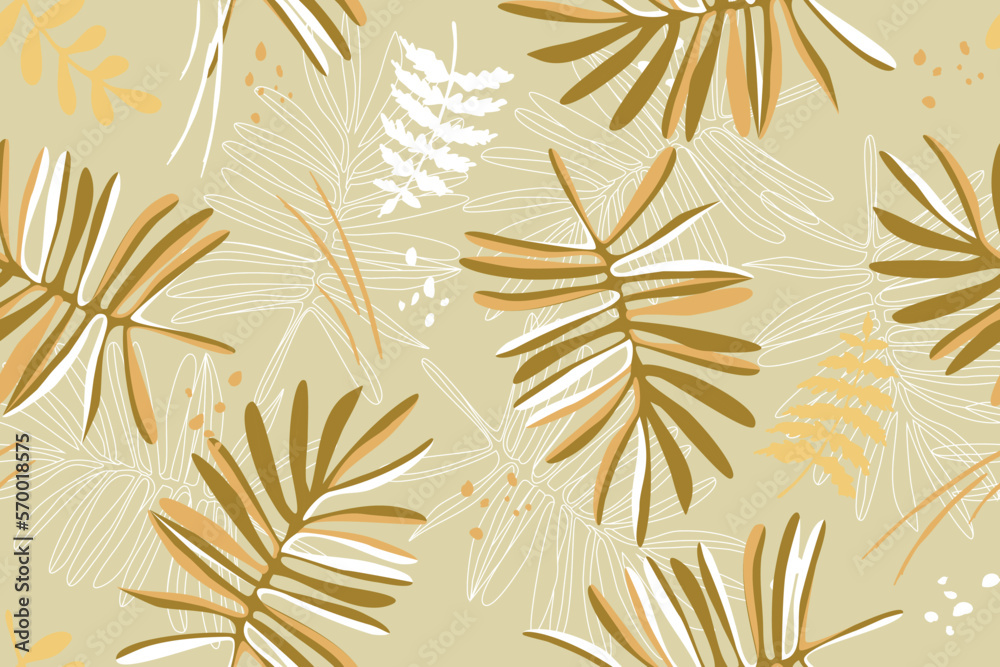Fototapeta premium Botanical beige brown background of abstract palm leaves. Hand drawn seamless summer tropical pattern Sketchy pattern in white outlines and pastel colors. Printing on wallpaper, cover, textile, paper