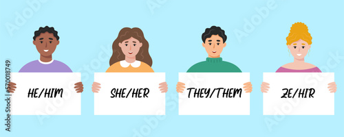 People holding posters with different gender pronouns. He, she, they, ze, non-binary person. Vector illustration in flat style.