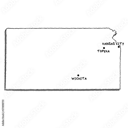Vector hand drawn map of Kansas KS with main cities. US States black and white illustrated map. Full vector global color swatch different layer for ease of use